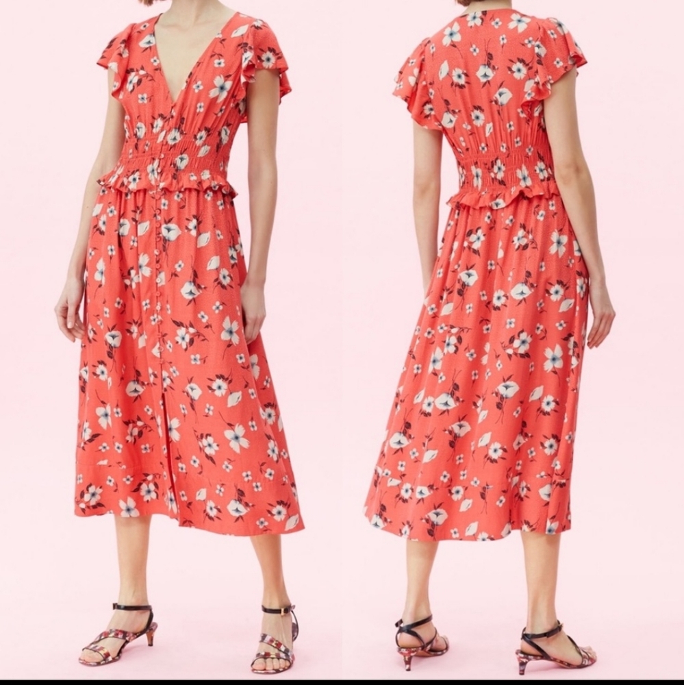 REBECCA TAYLOR Daniella Smocked Floral Silk Ruffle Midi Dress